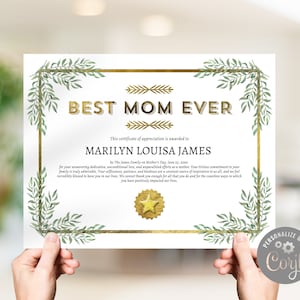 Modelo de prêmio de certificado de agradecimento da melhor mãe de todos os tempos, tamanho carta dos EUA/folha de ouro falsa elegante e vegetação, presente exclusivo de dia das mães/CORJL