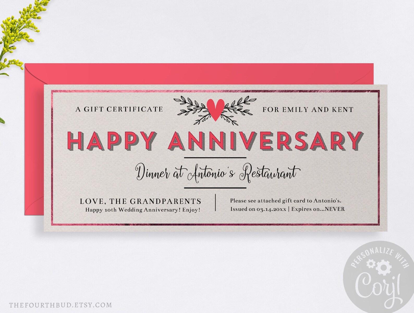 Happy Anniversary Gift Certificate / Printable Gift Voucher Etsy