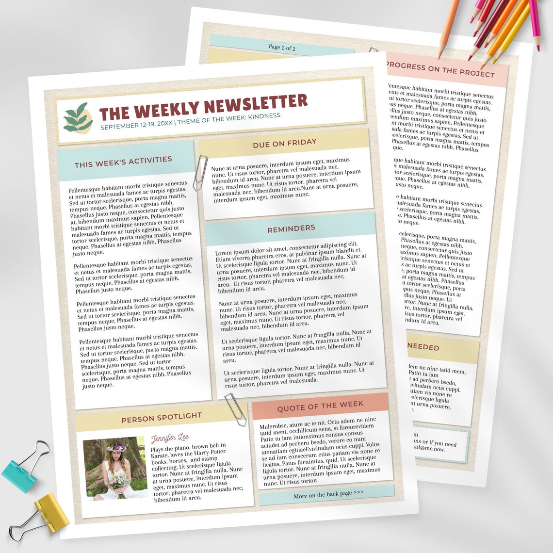 Editable Newsletter Template, Two Page Layout for School Updates (US ...