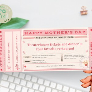 Lovely Mother&#39;s Day Gift Voucher Template / Editable Mothers Day Ticket Voucher Gift Certificate / DIY Mothers Day Gift Coupon / CORJL