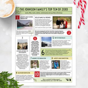 Fun Family Christmas Newsletter Template One Page in US LETTER size, Editable Year In Review Letter, Top Ten of the Year in Green, Corjl