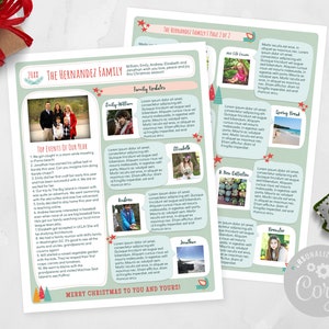 Plantilla de boletín informativo navideño familiar de dos páginas / Resumen del año editable / Boletín navideño de actualización familiar creativa con fotos A/ CORJL