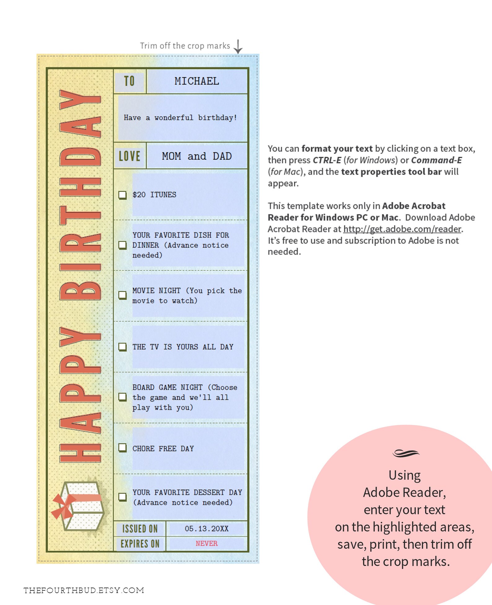 Happy Birthday Gift Coupon Template for Print/ Birthday Gift | Etsy