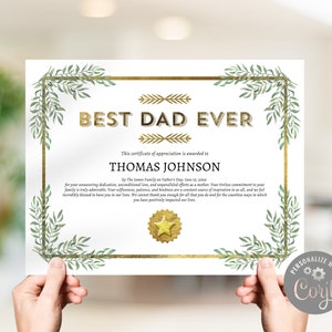 Plantilla de premio de certificado de agradecimiento al mejor papá de todos los tiempos Tamaño de carta de EE. UU. / Elegante certificado del Día del Padre con lámina de oro falso y vegetación / CORJL