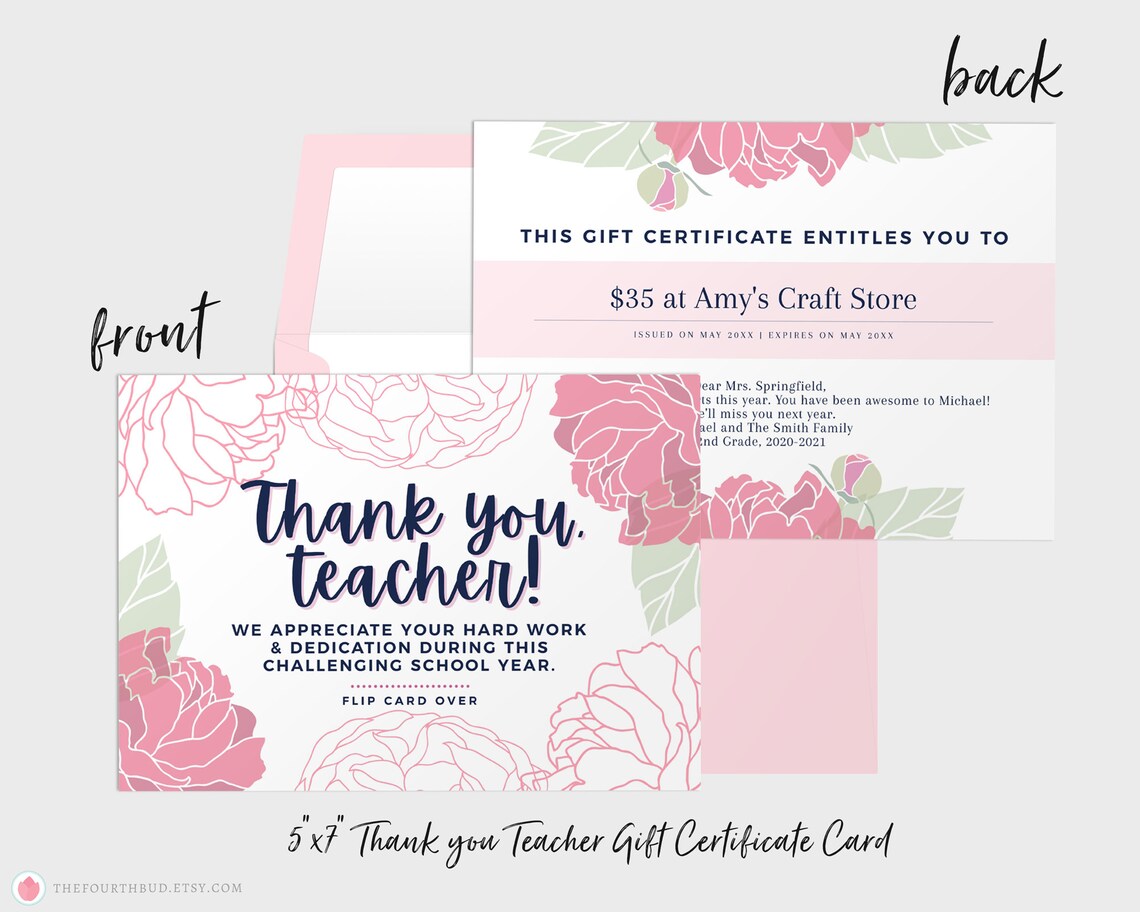 Thank you Teacher Gift Certificate Template Back and Front Etsy
