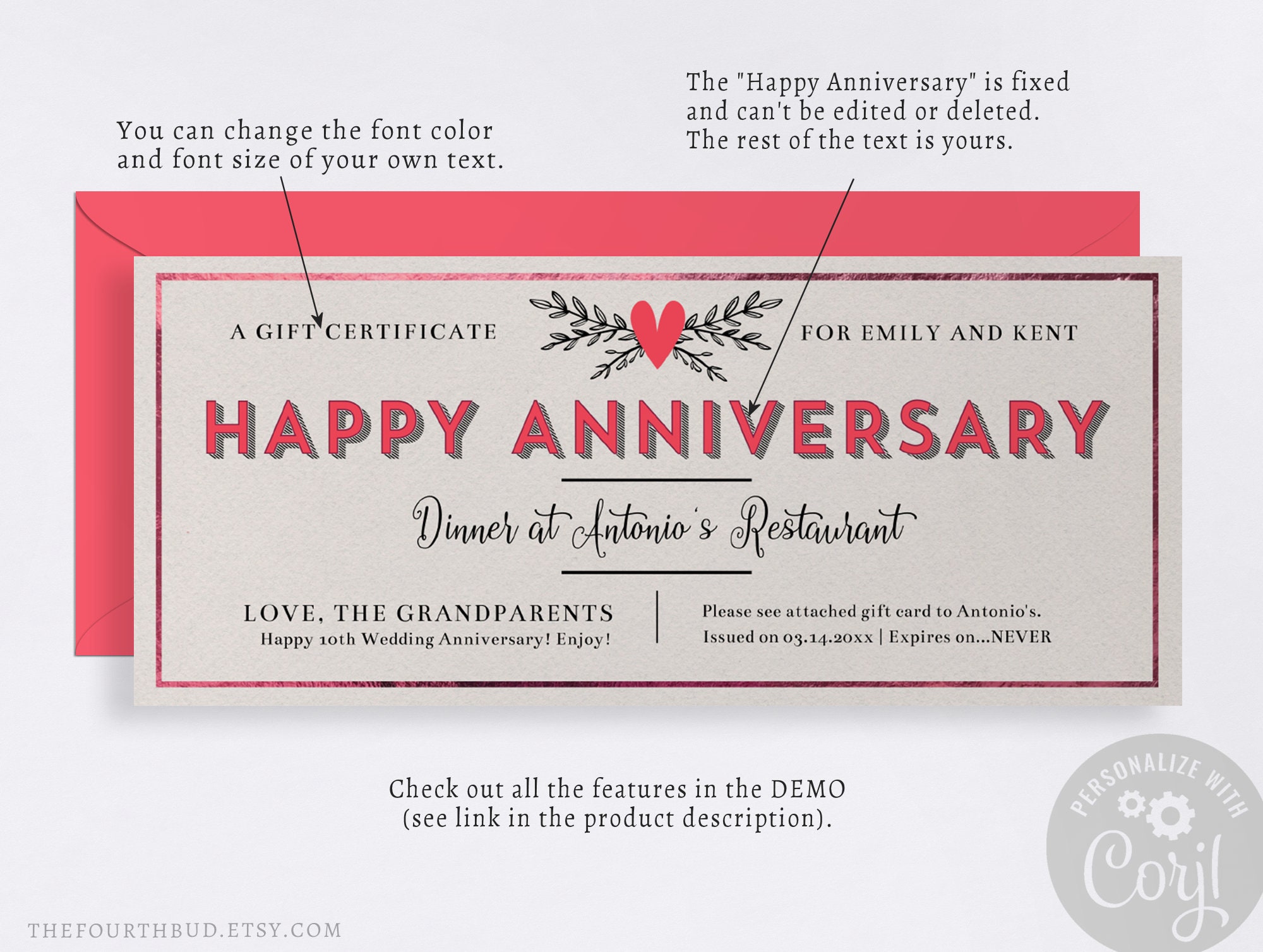 Happy Anniversary Gift Certificate / Printable Gift Voucher Template ...