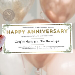 Plantilla de certificado de regalo de feliz aniversario / Plantilla de cupón de aniversario elegante / Vale de regalo editable con hojas verdes doradas / CORJL