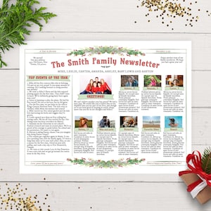 Beautiful Family Christmas Newsletter Template US LETTER, One Page, Editable Year In Review Letter, Watercolor Greenery Swag B, Corjl