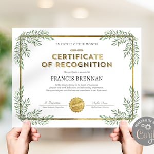 Bearbeitbares Zertifikat der Anerkennung Award Vorlage US Letter SIze / Elegant Faux Gold Foil & Greenery Diplom Zertifikat Gold Award / CORJL