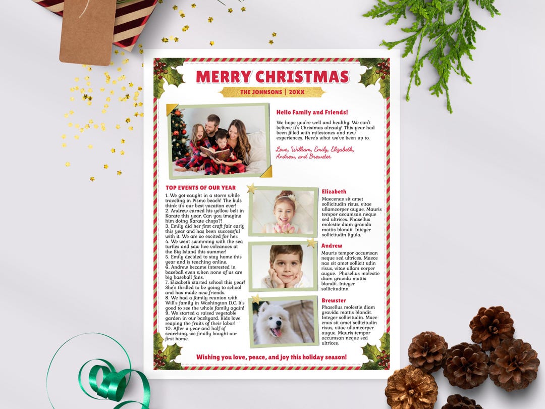 Family Christmas Newsletter Template US Letter - Festive Year in Review ...