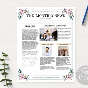 Floral Newsletter Template With Photos One Page  /Office, Shop, Wedding Times, Family Year In Review Newsletter / Feathers & Blooms / CORJL