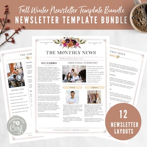 May include: A set of 12 newsletter templates in a fall and winter theme. The templates feature a variety of layouts with different sections for text, images, and dates. The templates are designed to be used for businesses, organizations, and individuals.
