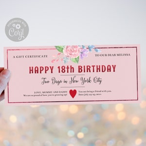 Lovely Happy 18th Birthday Gift Certificate Template / Editable Birthday Gift Voucher for Her/ Printable Pink Floral Rose Gift Coupon /CORJL