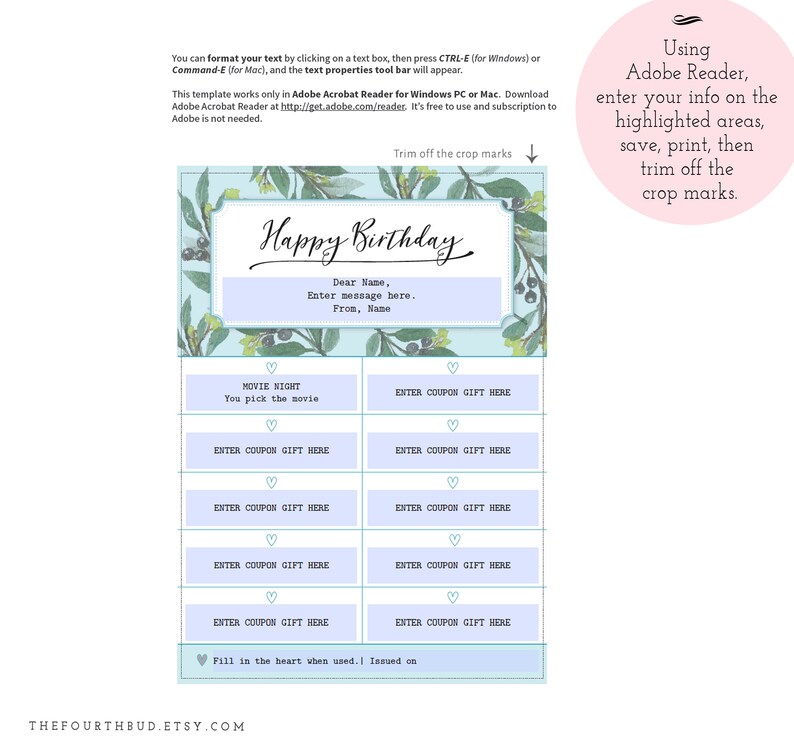 Birthday Gift Coupon Template / Botanical Gift Voucher Etsy