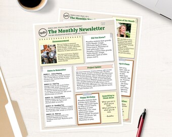 Editable Newsletter Template Two Pages for School, Teacher, Office, or Organization (CORJL, Paper Notes Updates)