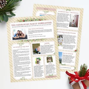 Elegant Christmas Newsletter Template Two Pages / Editable Family Year In Review Letter / Christmas Watercolor Botanical Theme A / Corjl