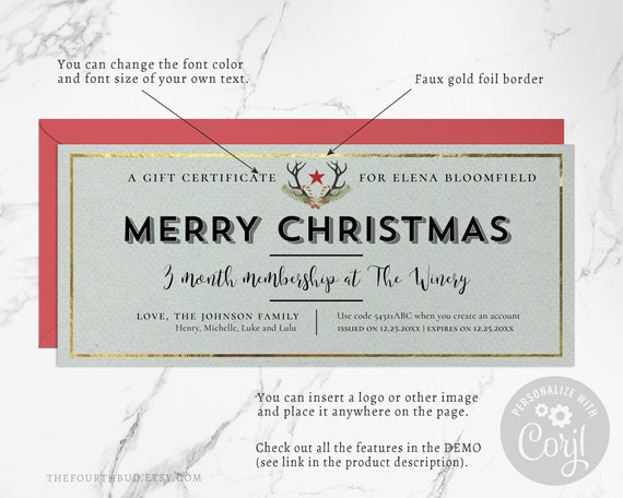 Christmas Gift Certificate Holiday Gift Voucher Template Etsy
