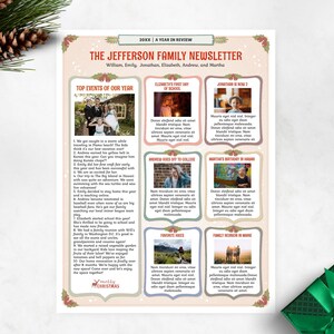Editable Family Christmas Newsletter Template One Page / Fun and Creative Year In Review Christmas Letter / Whimsical Winter Holly A / Corjl