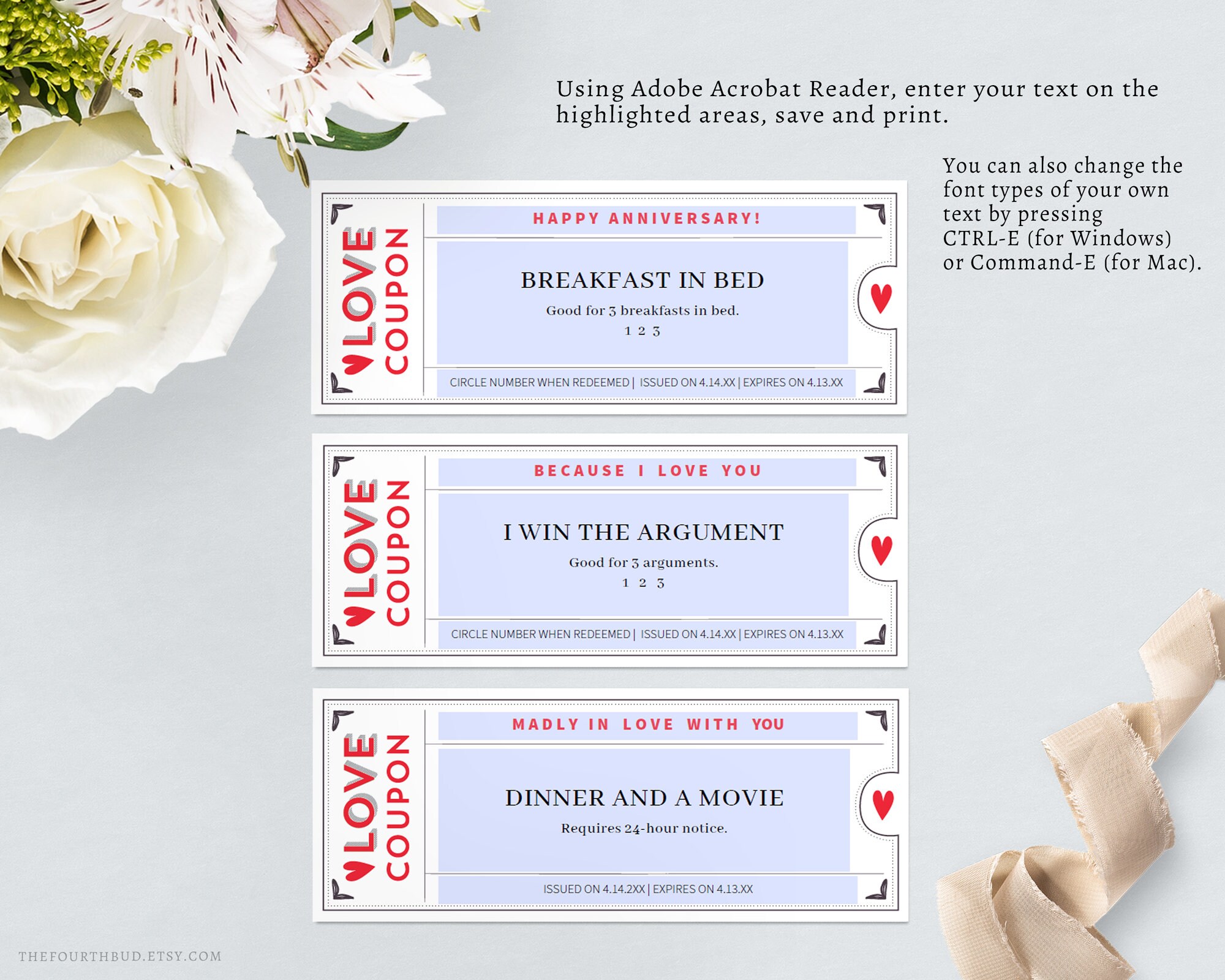 Love Coupons Template for an Anniversary or Birthday / DIY Printable ...