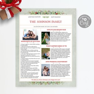 Beautiful Family Christmas Newsletter Template One Page / Editable Christmas Letter or Year In Review / Watercolor Botanical B  / CORJL