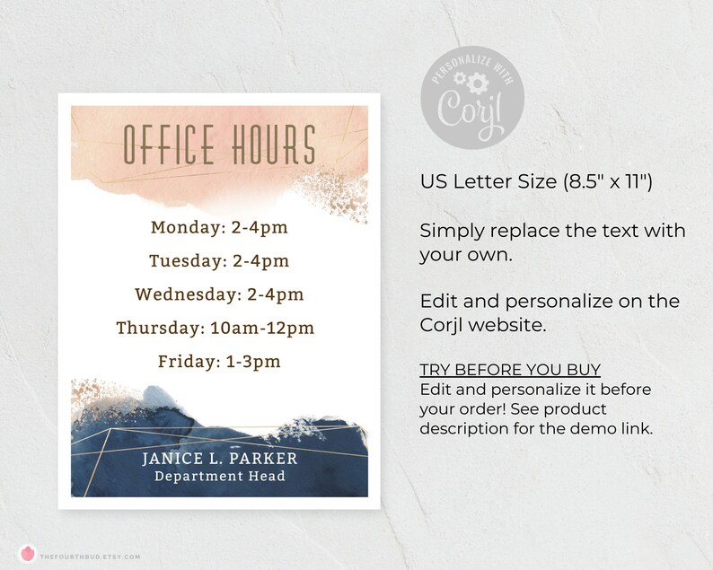Office Hours Door Sign Printable Template / Editable Hours of Operation