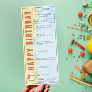 Modèle de coupon-cadeau modifiable pour un joyeux anniversaire : bon pour un carnet de billets créatif (facile à modifier dans Corjl)
