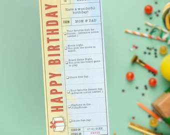 Editable Happy Birthday Gift Coupon Template: Fun Ticket Voucher in Blue (CORJL)