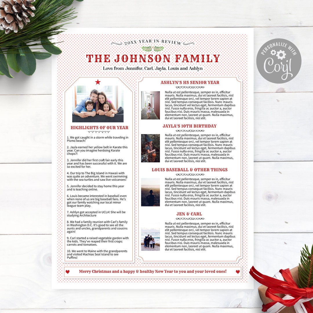 Family Year in Review Christmas Newsletter Template One Page / Creative ...