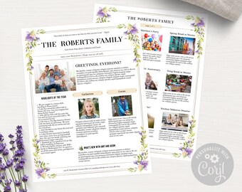 Floral Newsletter Template Two Pages With Photos / Family Year In Review, Organization Update Newsletter / Yellow & Lavender Roses /CORJL D