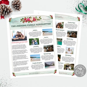 Beautiful Family Christmas Newsletter Template Two Pages / Editable Year In Review Letter /Watercolor Christmas Blossoms Holly Floral /Corjl