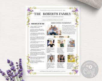 Floral Newsletter Template US Letter:  for Family Year In Review, Organization, Wedding Times (CORJL, Yellow & Lavender Layout6)