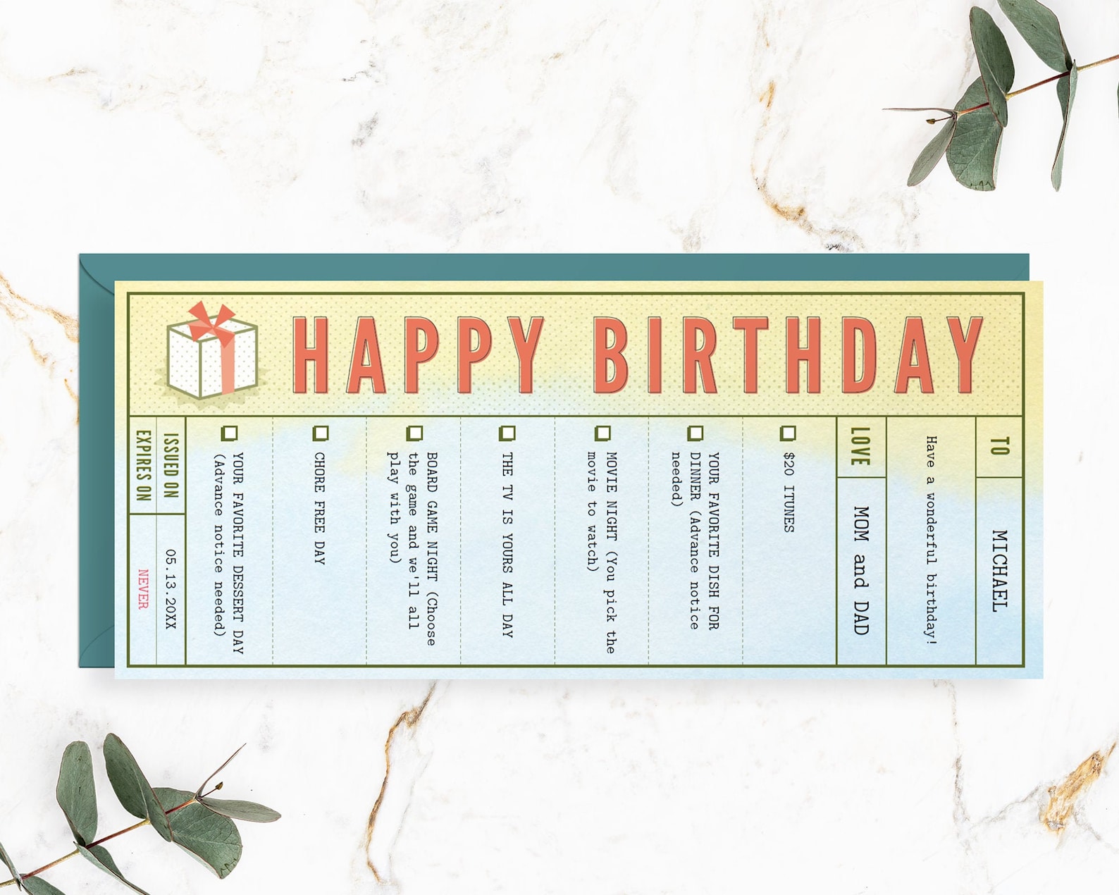 Happy Birthday Gift Coupon Template for Print/ Birthday Gift Voucher