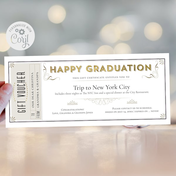 Elegant Happy Graduation Gift Voucher Template / Editable Grand Gift Ticket or Gift Certificate / DIY Printable Gift Coupon / CORJL