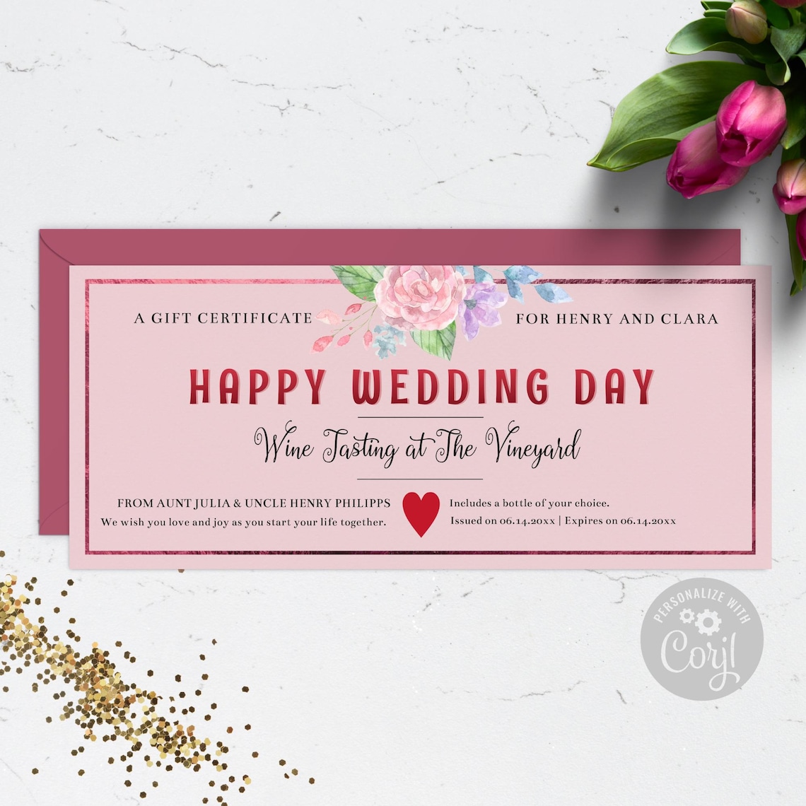 Happy Wedding Gift Certificate Template: Wedding Coupon Voucher With