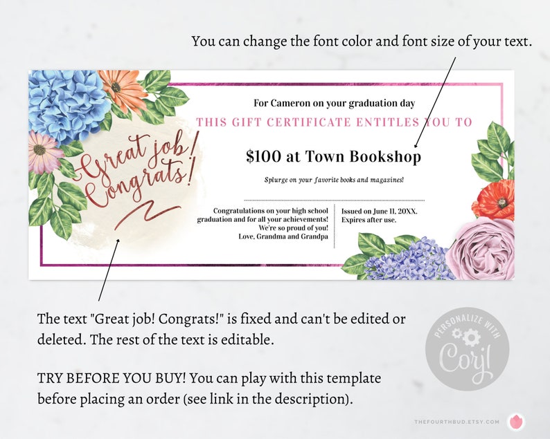 Graduation Gift Certificate Template / Editable Promotion or
