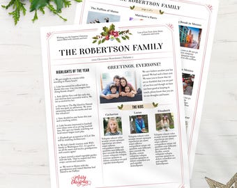 Two-Page Family Christmas Newsletter Template: Holly Floral Year In Review with Photos (CORJL, US Letter)