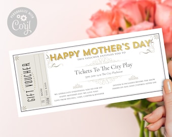 May include: A printable gift voucher for Mother's Day with a gold glitter design. The voucher is for tickets to "The City Play" at The City Playhouse on June 14th at 7pm. The voucher includes dinner before the show and is valid until May 20XX. The voucher is from the kids to their mom.