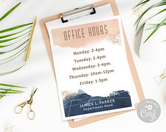 Office Hours Door Sign Printable Template / Editable Hours of Operation or Schedule Template / Watercolor Peach Blue Wall Signage / CORJL