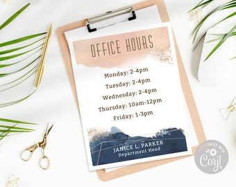 Editable Office Hours Door Sign Template - Printable Schedule, Hours of Operation - Watercolor Peach Blue Wall Signage (CORJL)