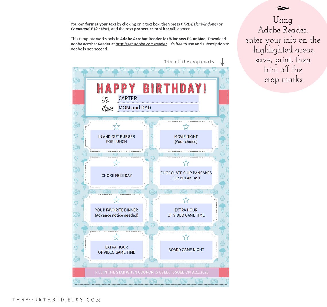 Birthday Gift Coupon Template / Printable Birthday Gift Coupon - Etsy