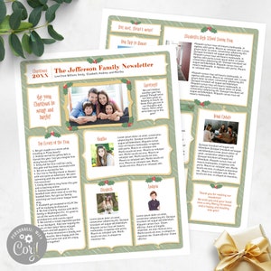Beautiful Family Christmas Newsletter Template Two Pages / Fun & Creative Christmas Letter or Year In Review / Holly and Berries / Corjl