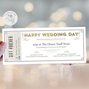 Modelo de certificado de presente de casamento elegante/bilhete de voucher de grande presente editável e imprimível/cupom de feliz dia de casamento para impressão/CORJL