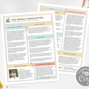 Elegant Office Newsletter Template Two Pages / Editable Class Update, Family Reunion, Office, Teacher's Newsletter Layout / Notes B,  CORJL