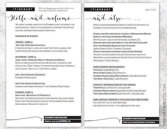 Printable Destination Wedding Itinerary Printable Reunion Etsy