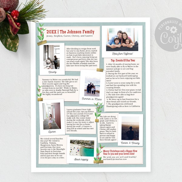 Family Christmas Newsletter Template One Page / Editable Year In Review Letter / Photo Journal Scrapbook Newsletter With Photos / CORJL