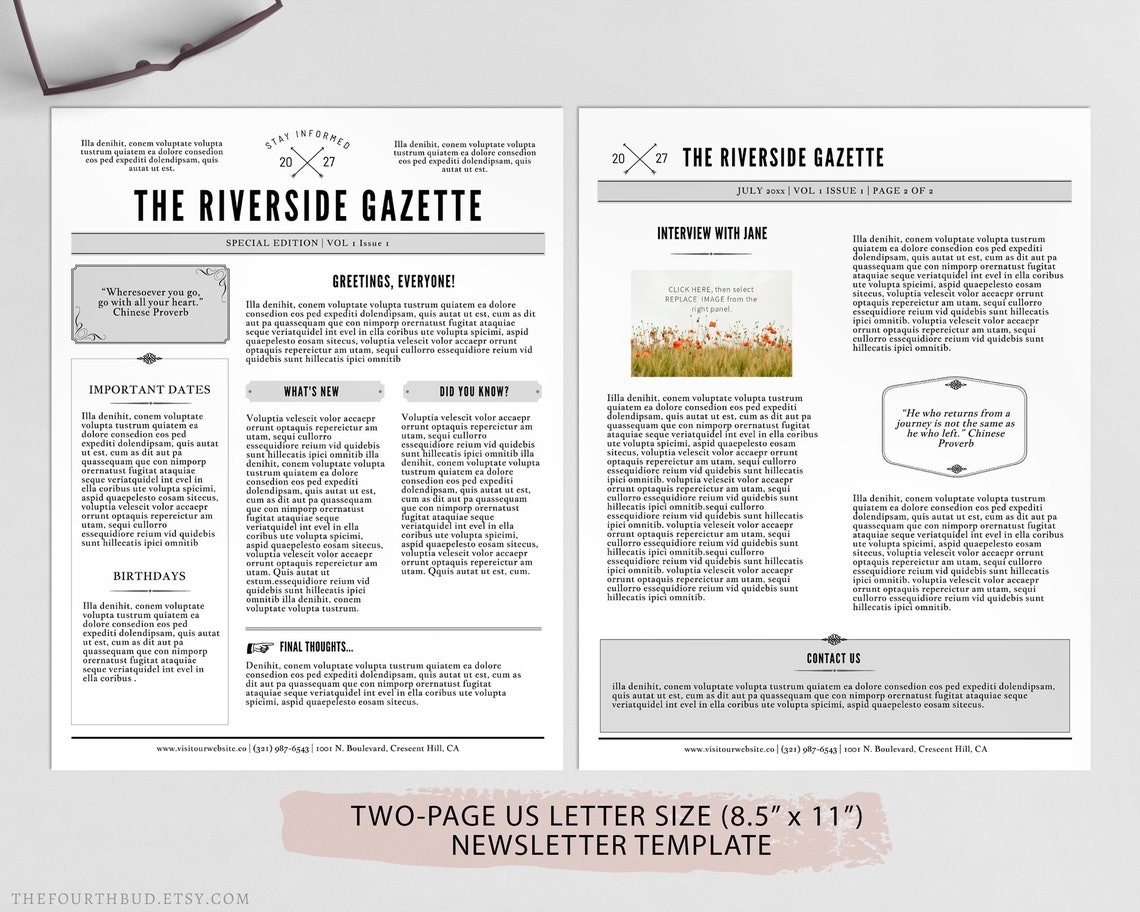 Editable Newsletter Template With Two Pages, Organization Newspaper ...