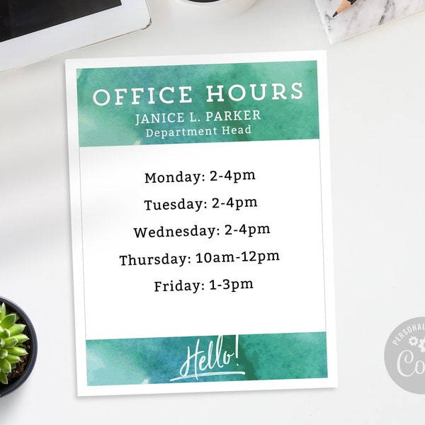 Office Hours Door Sign Printable Template / Editable Hours of Operation or Schedule Template / Green Office & Wall Door Work Signage / CORJL