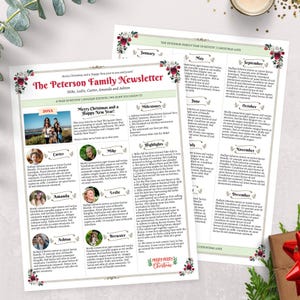 Beautiful Family Christmas Newsletter Year In Review Template, US LETTER Two Pages, Editable Holiday Letter, Christmas Roses A, Corjl, CRN
