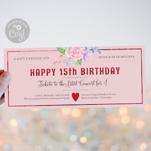 Happy 15th Birthday Gift Certificate Template / Editable Quinceanera Birthday Gift Voucher For Her/ Printable Pink Floral Rose Coupon /CORJL