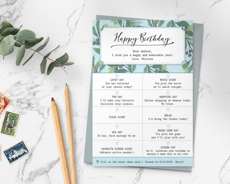 Birthday Gift Coupon Template / Botanical Gift Voucher Etsy